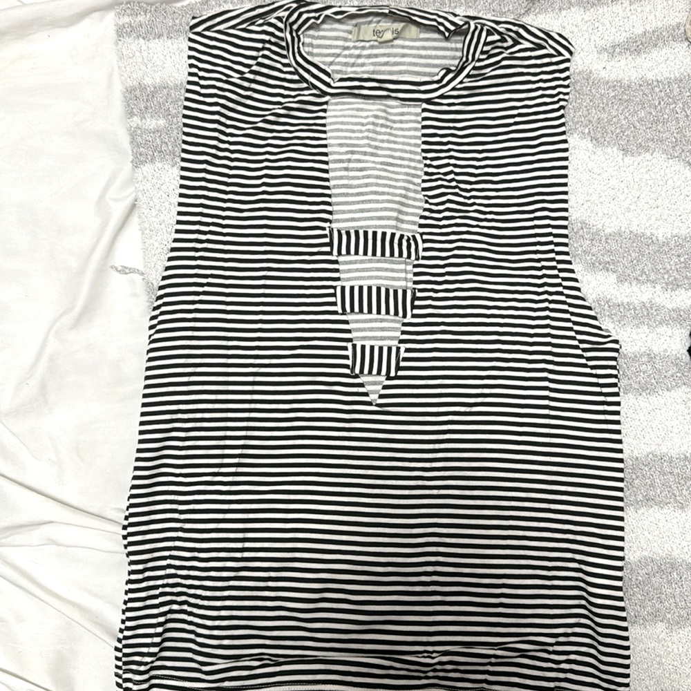 Black and white stripper shirt, stylish and fun with cutouts down the middle
